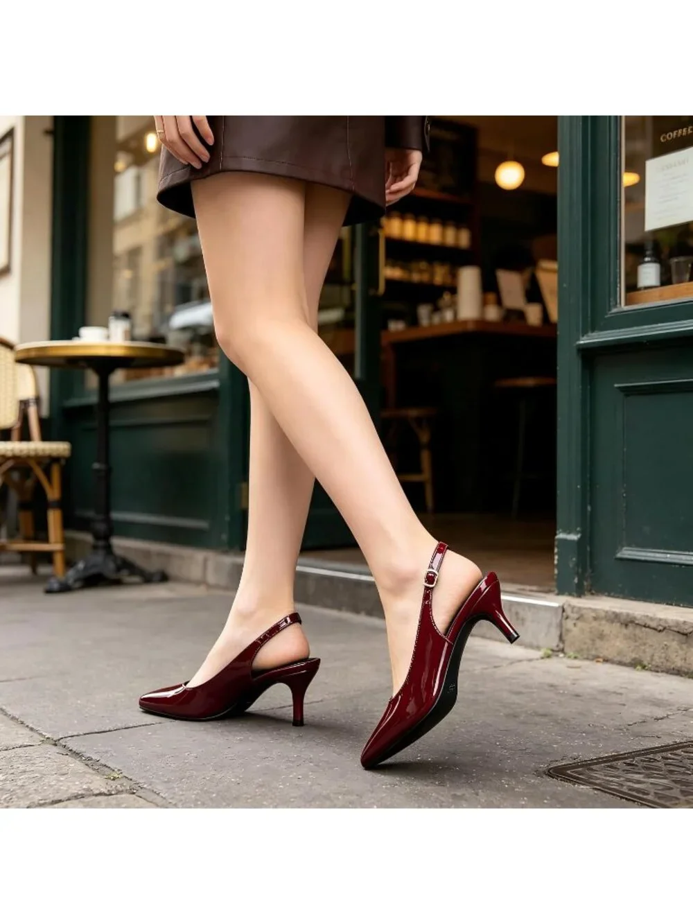 Women's Wine Red Patent Slingback Pump Pointed Closed Toe Low Kitten Heel Shoes